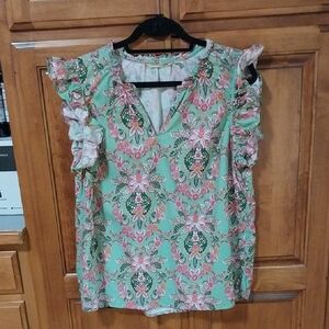 Soft Surroundings Ruffled Embellished Blouse in Pink and Green LIKE NEW!